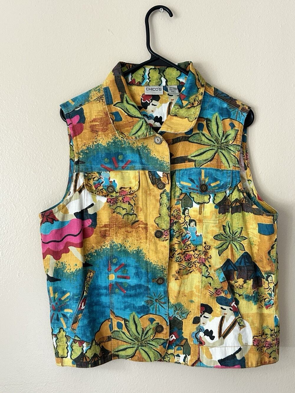 Vintage Chico's Linen Blend Vest Size 2 / L Fiesta Folk Art Tropical Y2K
